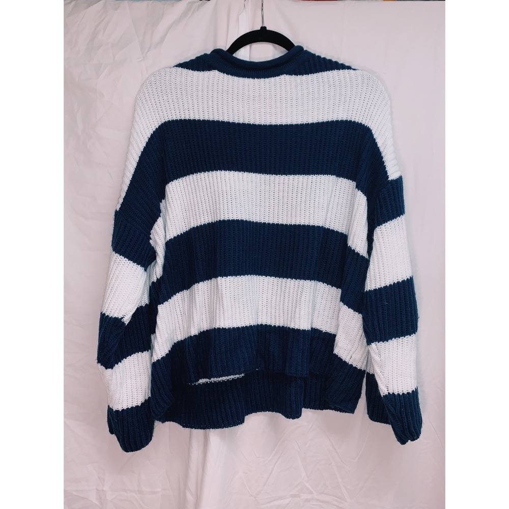 Striped Knit White and Navy Sweater Oversized